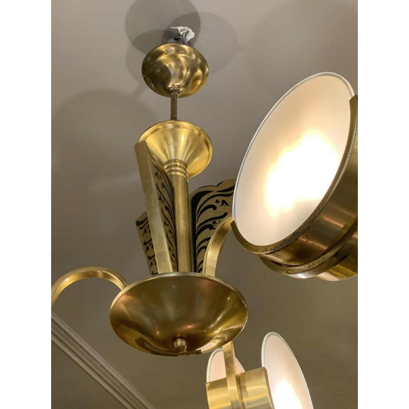 Small Modernist Art Deco gilded brass chandelier, frosted glass discs, 1940s