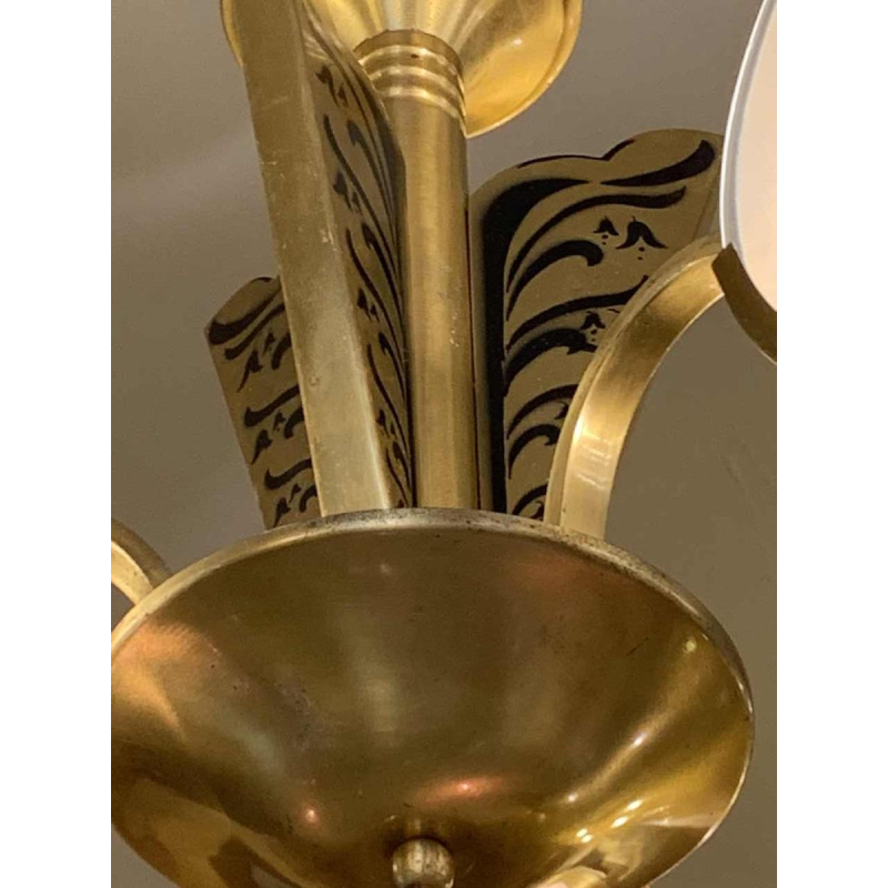 Small Modernist Art Deco gilded brass chandelier, frosted glass discs, 1940s