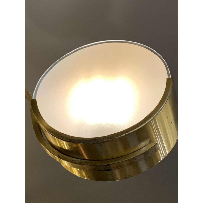 Petit lustre moderniste Art Déco en laiton doré, disques en verre dépoli, 1940s