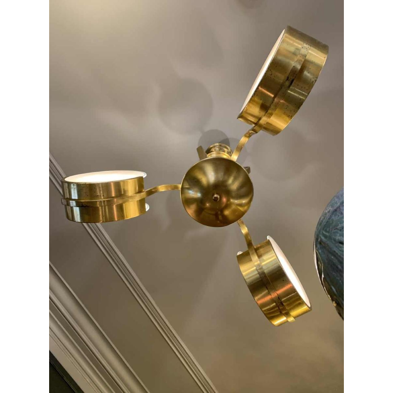 Small Modernist Art Deco gilded brass chandelier, frosted glass discs, 1940s