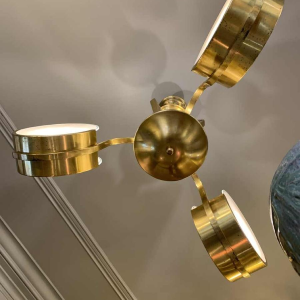 Small Modernist Art Deco gilded brass chandelier, frosted glass discs, 1940s