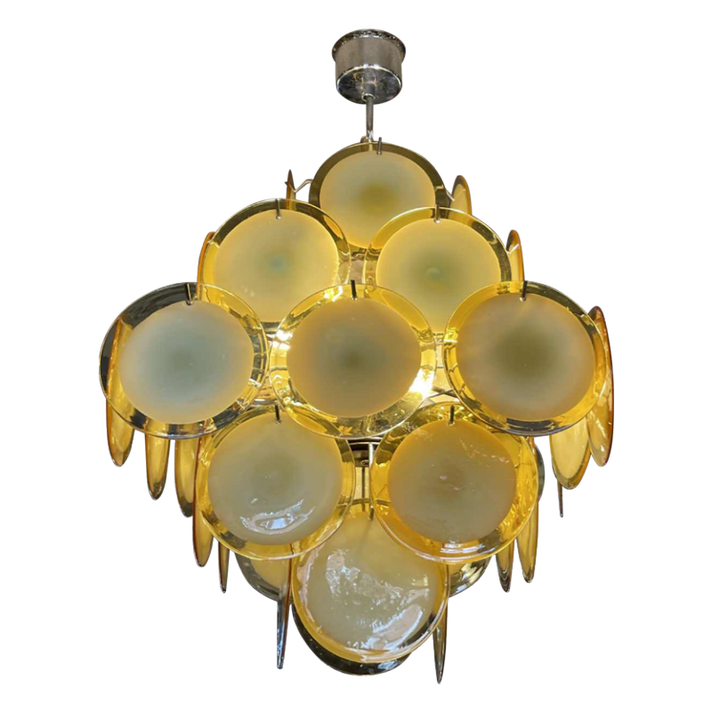 Gino Vistosi (Murano), Lustre Design Ambre Blanc, 36 plaques disques verre, 1960