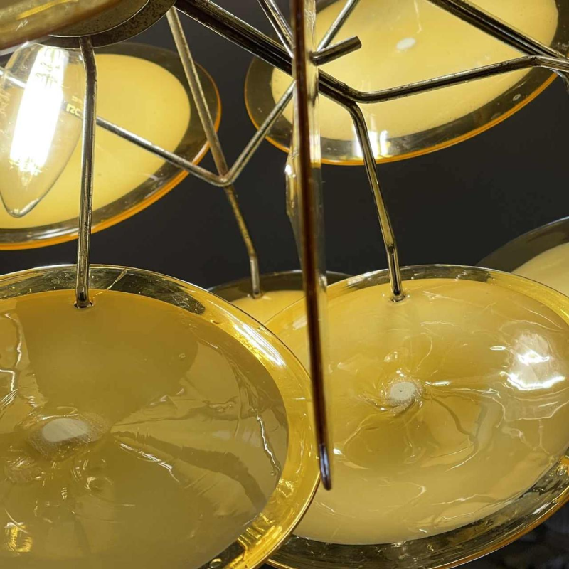 Gino Vistosi (Murano), Lustre Design Ambre Blanc, 36 plaques disques verre, 1960