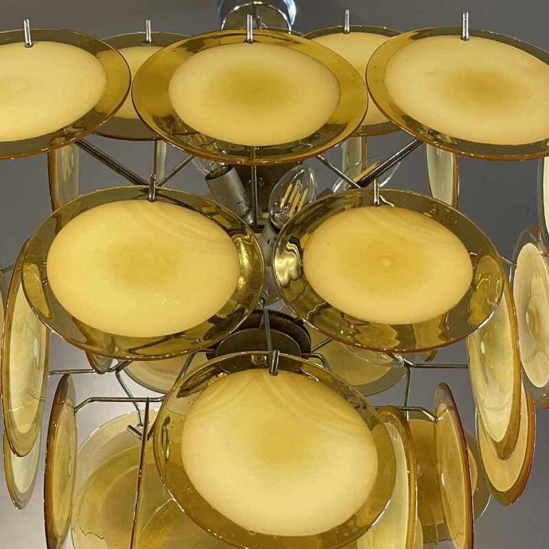 Gino Vistosi (Murano), Lustre Design Ambre Blanc, 36 plaques disques verre, 1960