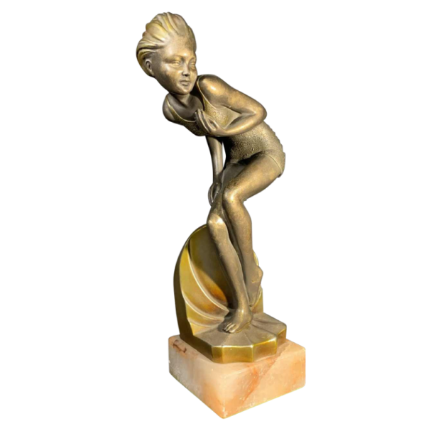 Art Deco " Zwemmer badpak " Vrouw Sculptuur, Gepatineerd Metaal Onyx Base, 1930s