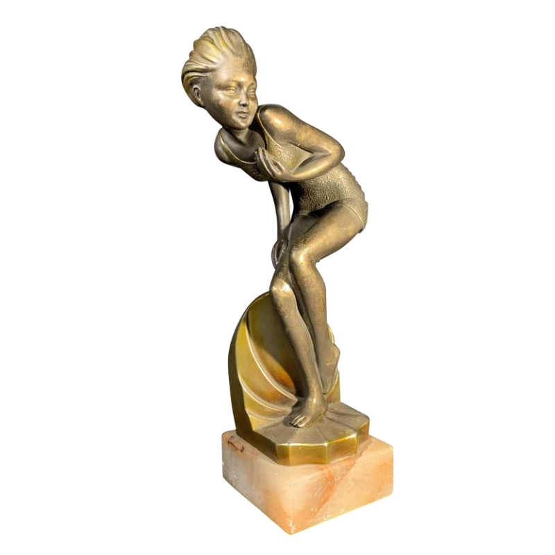 Sculpture " Baigneuse Frileuse " Jeune Fille Art Deco, Base en Onyx, 1930s