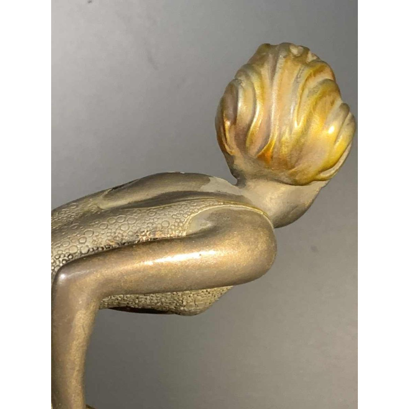 Art Deco " Swimsuit Bather " Girl Sculpture, Patinated Metal, Onyx Base, 1930s