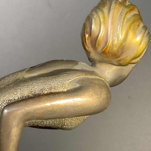 Art Deco " Swimsuit Bather " Girl Sculpture, Patinated Metal, Onyx Base, 1930s
