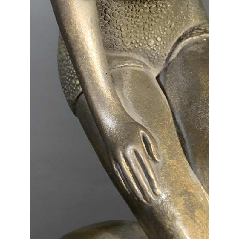 Art Deco " Zwemmer badpak " Vrouw Sculptuur, Gepatineerd Metaal Onyx Base, 1930s