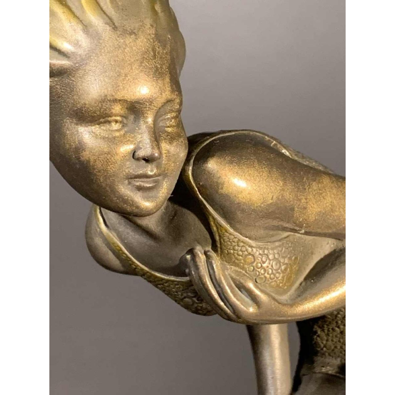 Art Deco " Swimsuit Bather " Girl Sculpture, Patinated Metal, Onyx Base, 1930s