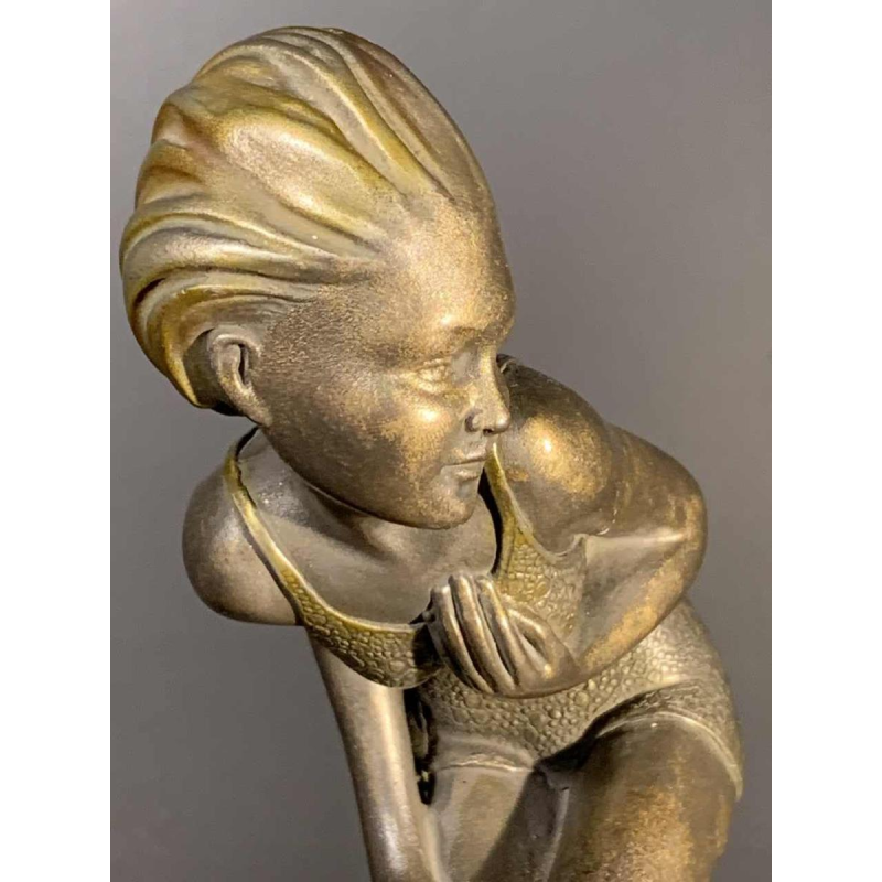 Art Deco " Swimsuit Bather " Girl Sculpture, Patinated Metal, Onyx Base, 1930s