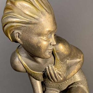 Art Deco " Zwemmer badpak " Vrouw Sculptuur, Gepatineerd Metaal Onyx Base, 1930s