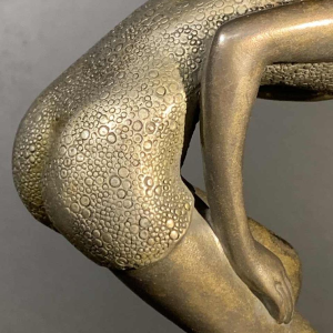 Art Deco " Swimsuit Bather " Girl Sculpture, Patinated Metal, Onyx Base, 1930s