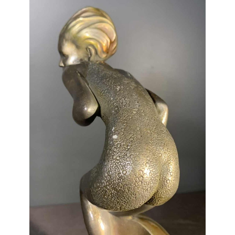 Art Deco " Swimsuit Bather " Girl Sculpture, Patinated Metal, Onyx Base, 1930s