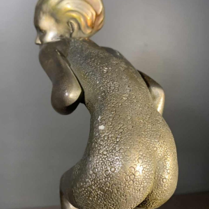 Art Deco " Swimsuit Bather " Girl Sculpture, Patinated Metal, Onyx Base, 1930s
