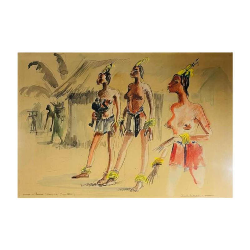 Paul Daxhelet "Afrikaanse Dansers, Primipare Vrouwen, Equateur" africanistisch schilderij, circa 1950.