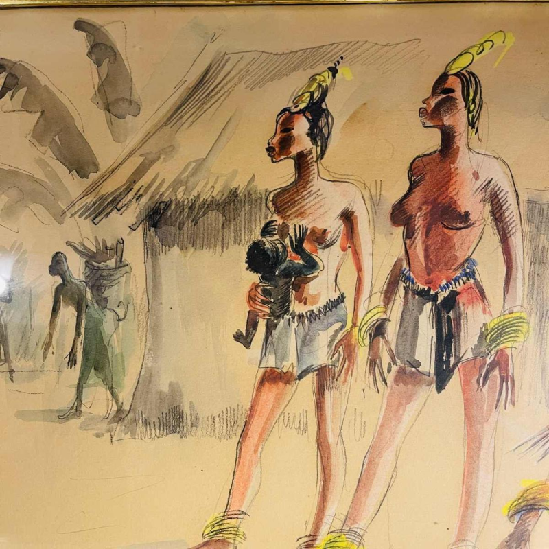 Paul Daxhelet "Danseuses africaines, femmes primipares, Ãquateur" tableau africaniste, ca 1950
