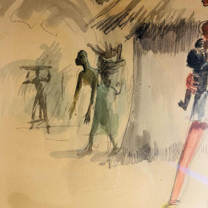 Paul Daxhelet "Afrikaanse Dansers, Primipare Vrouwen, Equateur" africanistisch schilderij, circa 1950.