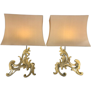 Pair of Large Louis XV Rocaille Chenets Lamps, Ormolu Gilt Bronze 18th Century