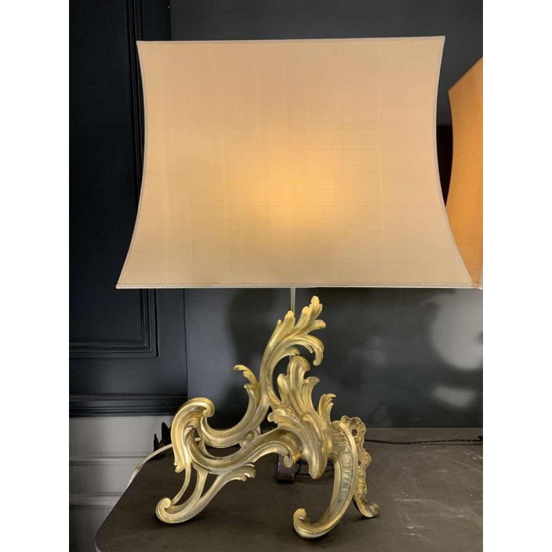 Pair of Large Louis XV Rocaille Chenets Lamps, Ormolu Gilt Bronze 18th Century