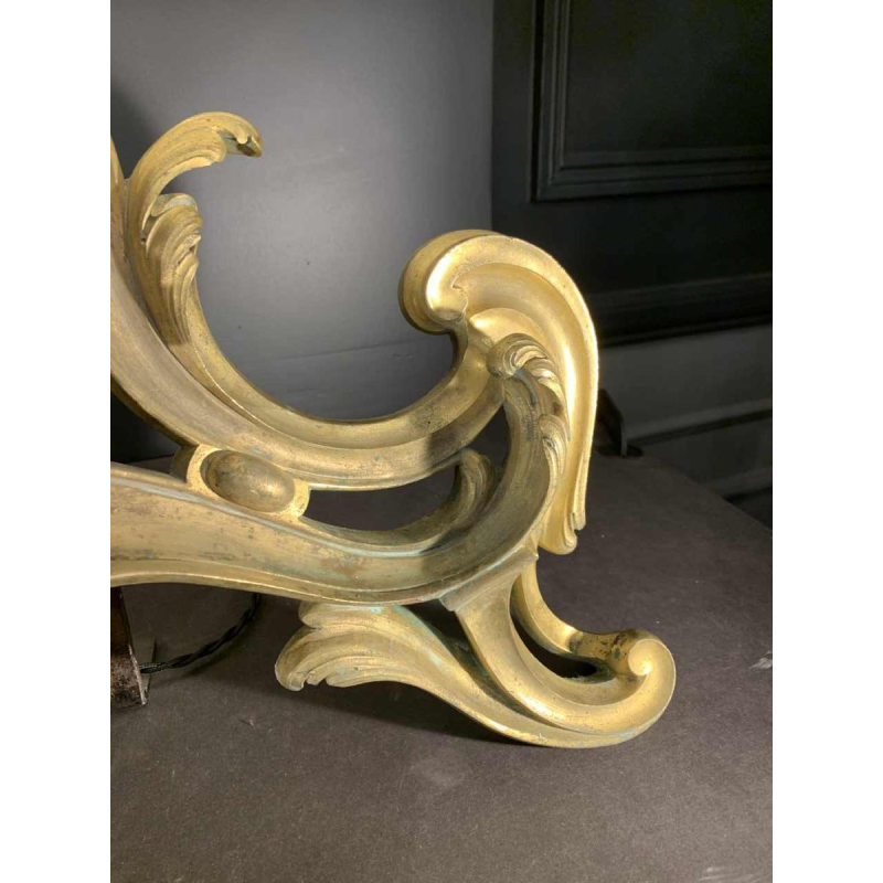 Paire de Grandes Lampes Chenets Louis XV Rocaille en Bronze dorÃ© Ormolu, ca 1750