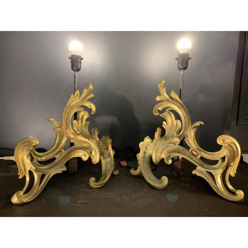 Pair of Large Louis XV Rocaille Chenets Lamps, Ormolu Gilt Bronze 18th Century
