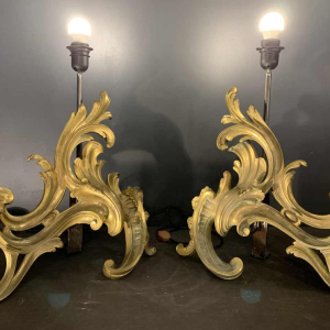 Pair of Large Louis XV Rocaille Chenets Lamps, Ormolu Gilt Bronze 18th Century