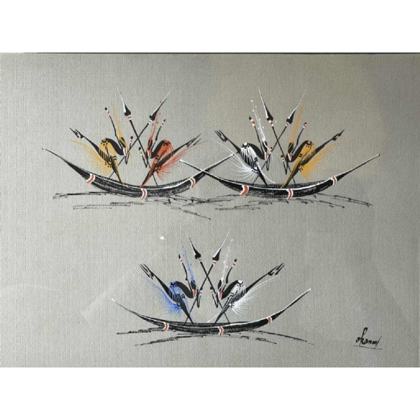 Gouache stylisée de l'école africaine vers 1960. Porte une signature