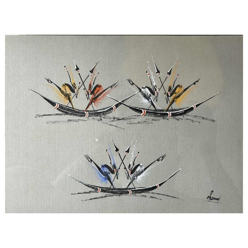 Gouache stylisée de l'école africaine vers 1960. Porte une signature