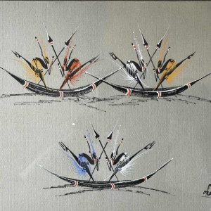 Gouache stylisée de l'école africaine vers 1960. Porte une signature