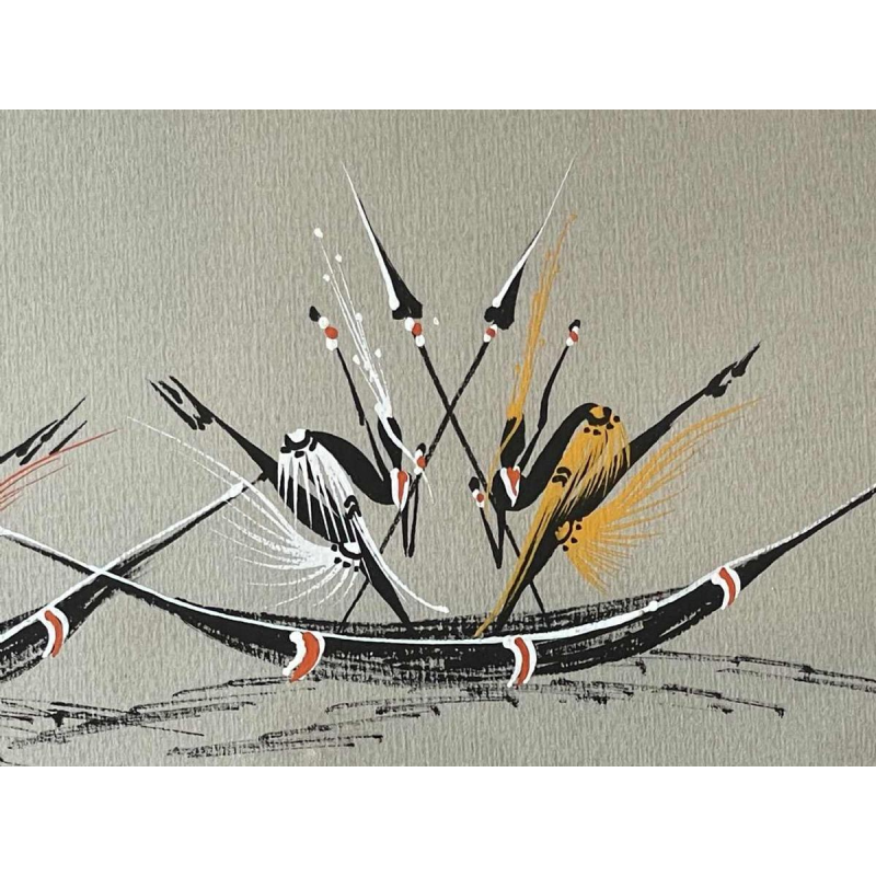 Gouache stylisée de l'école africaine vers 1960. Porte une signature