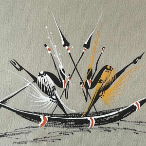 Gouache stylisée de l'école africaine vers 1960. Porte une signature