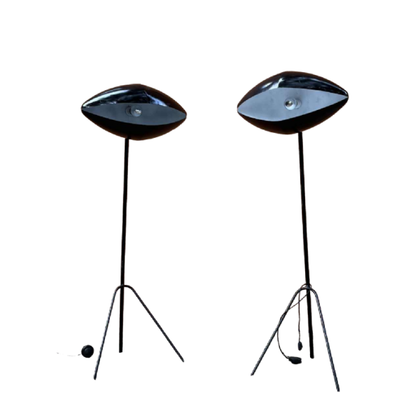 INDIA MAHDAVI 'FANTOMAS' Pair of lamps / floor lamps, Eye-ball design, black lacquered steel, ca 1990
