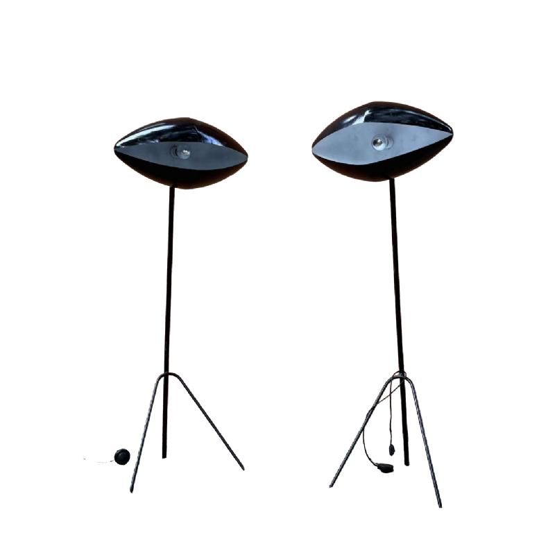 INDIA MAHDAVI 'FANTOMAS' Pair of lamps / floor lamps, Eye-ball design, black lacquered steel, ca 1990