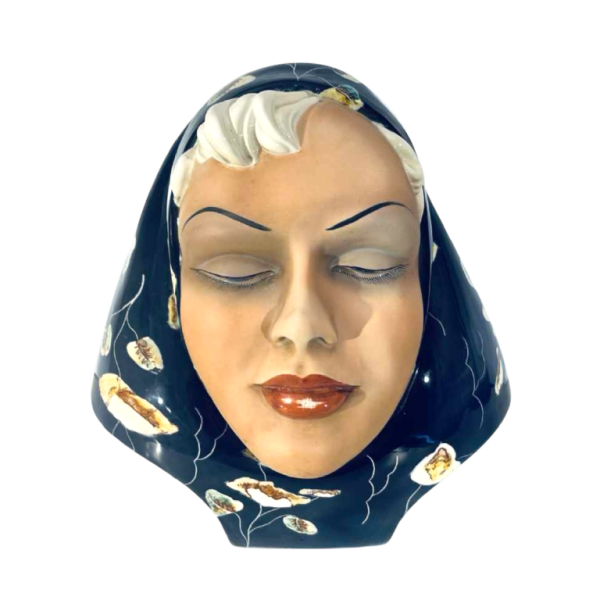TRIART BASSANO 'Visage de femme au voile' sculpture buste, cÃ©ramique polychrome Art DÃ©co, ca 1940