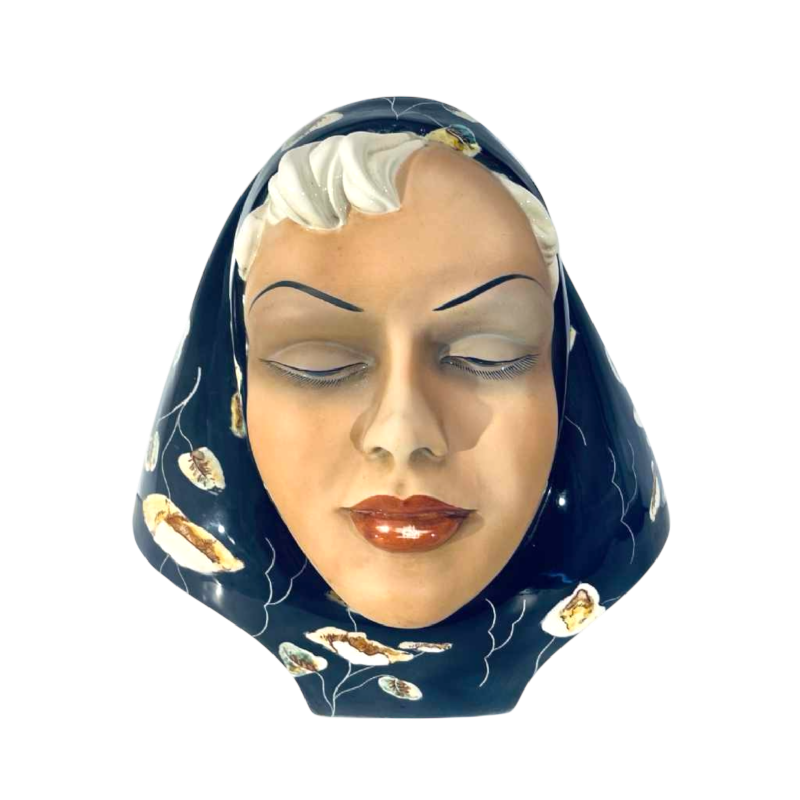 TRIART BASSANO 'Visage de femme au voile' sculpture buste, cÃ©ramique polychrome Art DÃ©co, ca 1940