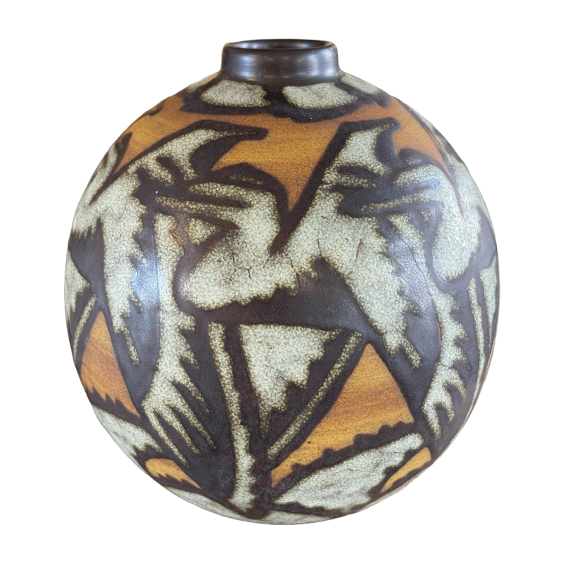 CHARLES CATTEAU / KERAMIS, vase en grès F. 996 De´cor Animalier Pélicans D.1052