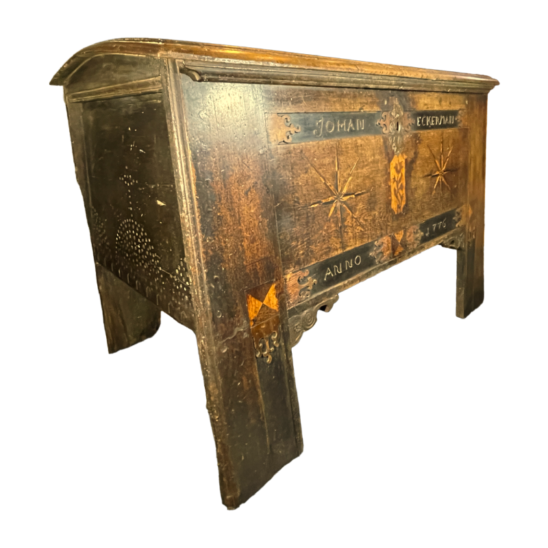 18th century oak spice chest on legs belonging to Johan Eckerman