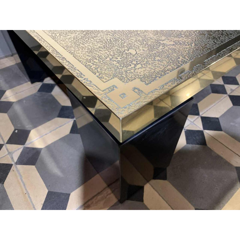 RICCO D, Table basse Mid-Century en laiton gravé oxydé, Design belge 1970s,