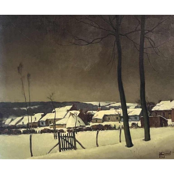 Jean-Baptiste Scoriel , Tableau " Village sous la neige " Huile sur toile, 1948