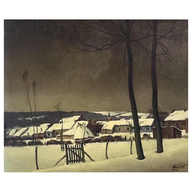 Jean-Baptiste Scoriel , Tableau " Village sous la neige " Huile sur toile, 1948
