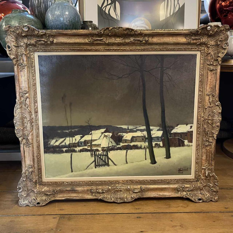 Jean-Baptiste Scoriel "Dorpslandschap in de sneeuw" Olieverf op doek, 1948