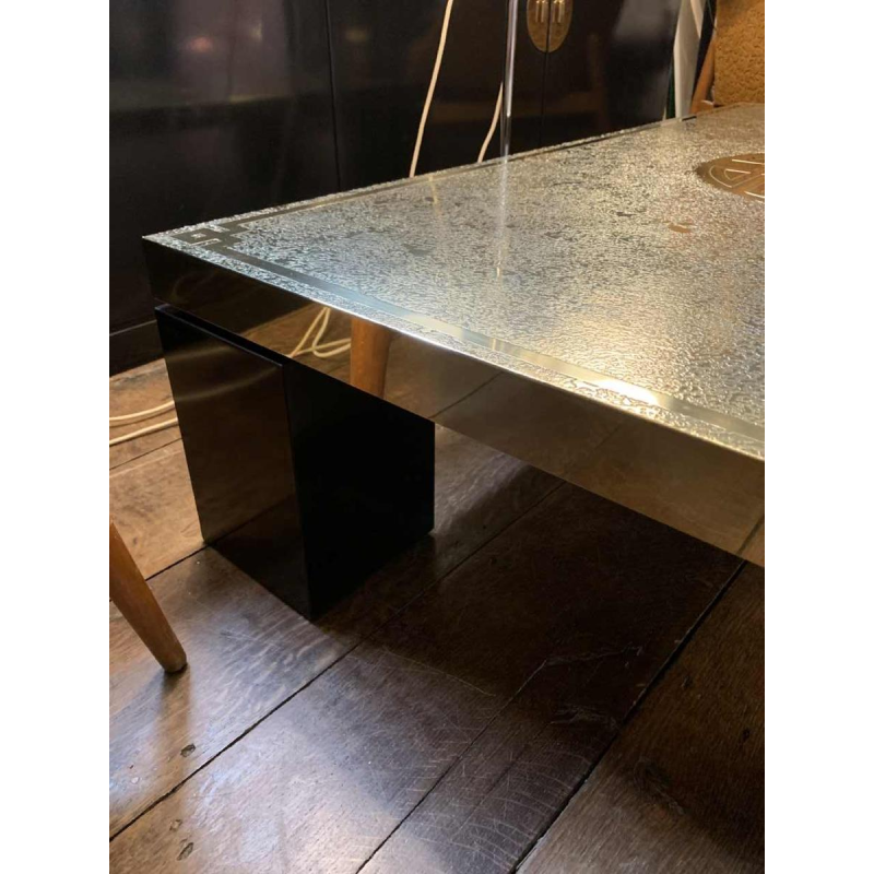 RICCO D, Table basse Mid-Century en laiton gravé oxydé, Design belge 1970s,