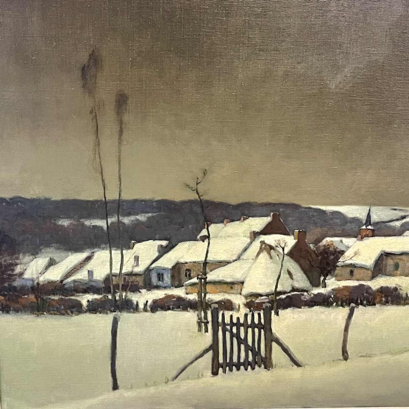 Jean-Baptiste Scoriel "Dorpslandschap in de sneeuw" Olieverf op doek, 1948