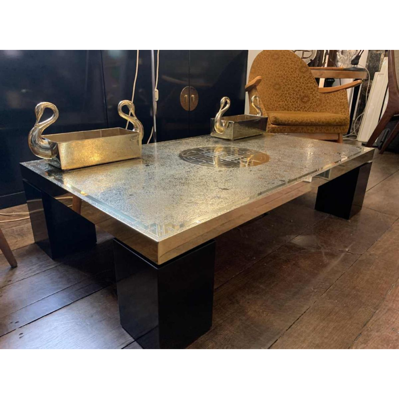 RICCO D, Table basse Mid-Century en laiton gravÃ© oxydÃ©, Design belge 1970s,