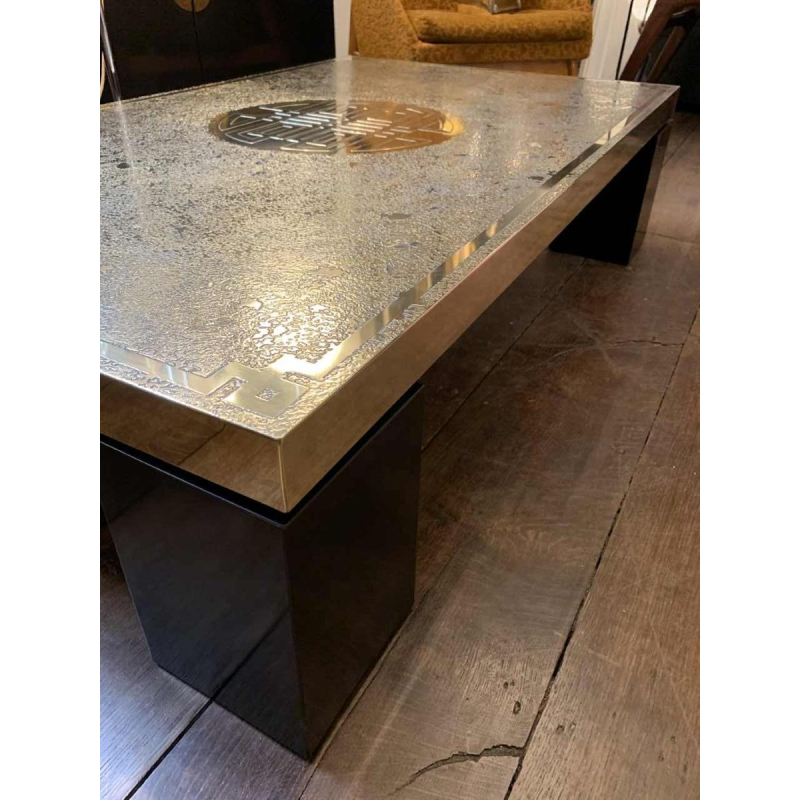 RICCO D, Table basse Mid-Century en laiton gravé oxydé, Design belge 1970s,