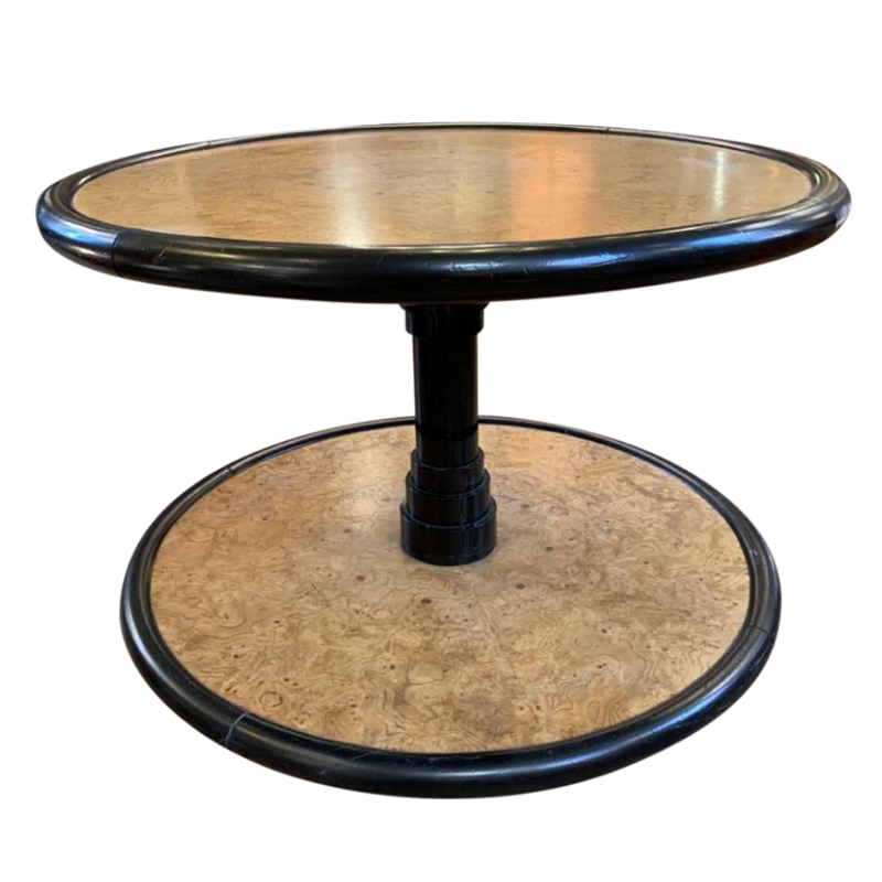 De Coene (attributed) Round Rotating Art Deco Coffee Table, Maple Burl & Ebony