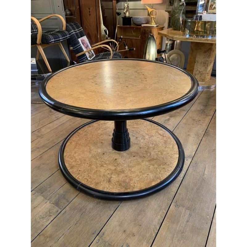 De Coene (attributed) Round Rotating Art Deco Coffee Table, Maple Burl & Ebony