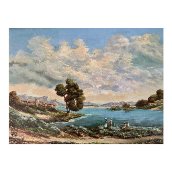 Willy PANNIER «Détente au bord de l'eau» peinture, huile sur panneau