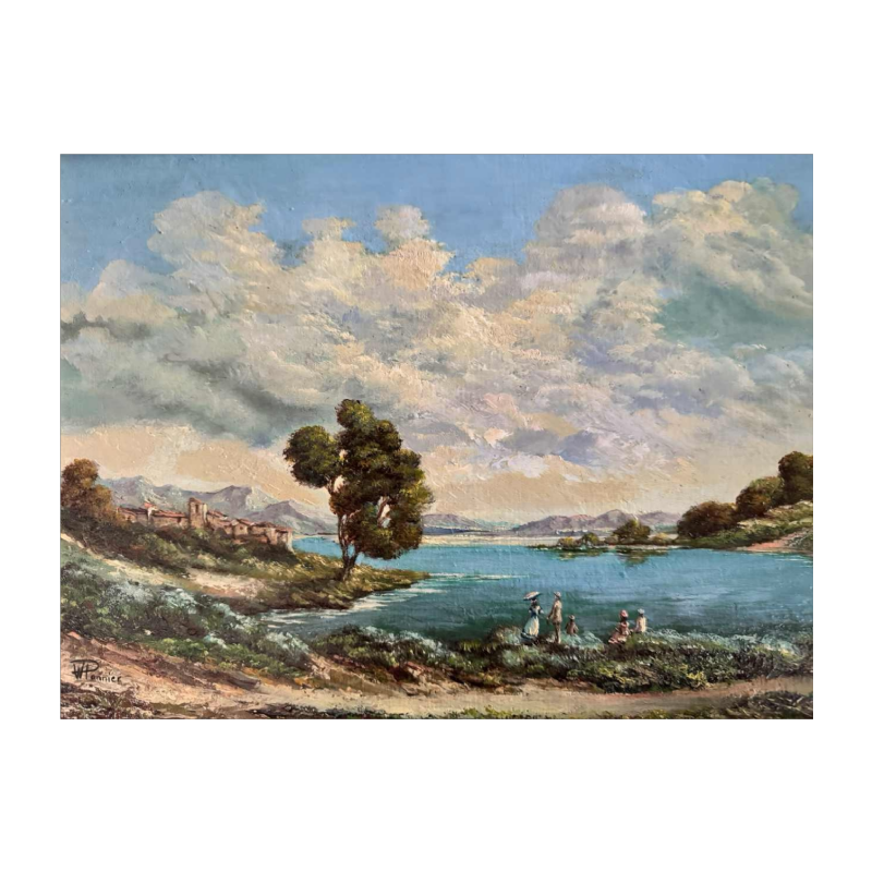 Willy PANNIER «Détente au bord de l'eau» peinture, huile sur panneau